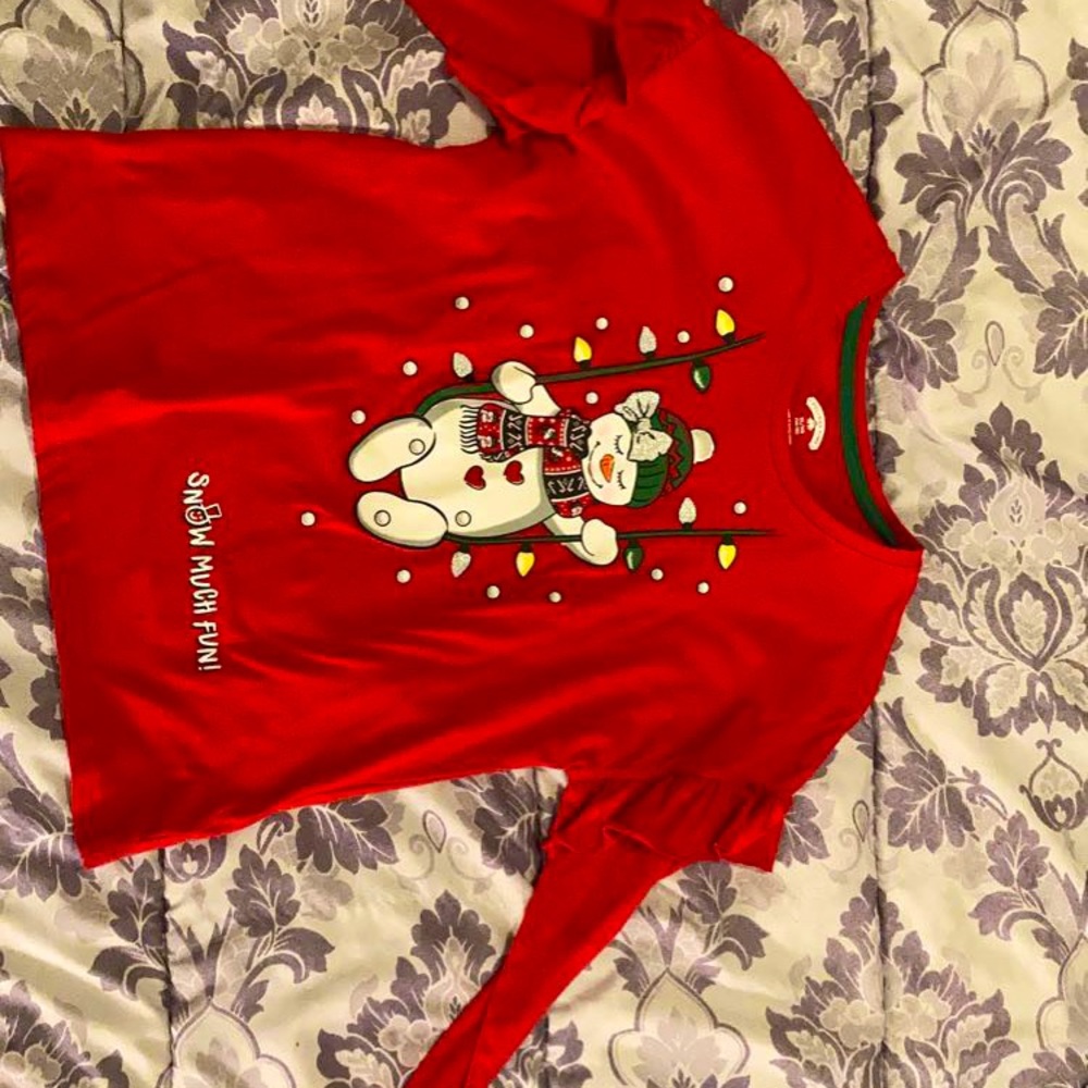 SOLD Red Christmas shirt with puffy sleeves.